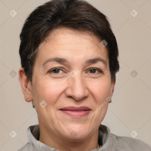 Joyful white adult female with short  brown hair and brown eyes