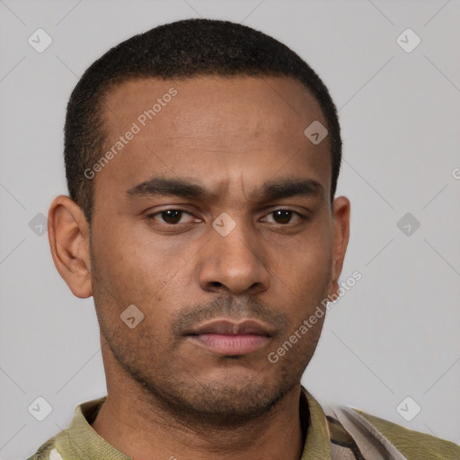 Neutral latino young-adult male with short  brown hair and brown eyes