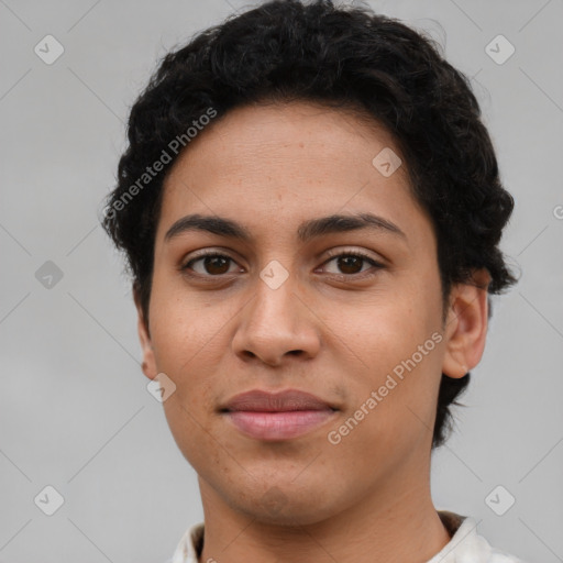 Joyful latino young-adult female with short  brown hair and brown eyes