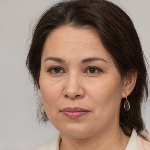 Joyful white adult female with medium  brown hair and brown eyes