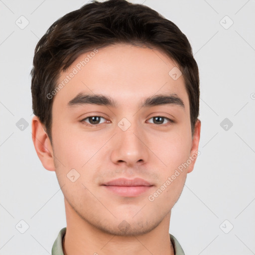 Neutral white young-adult male with short  brown hair and brown eyes