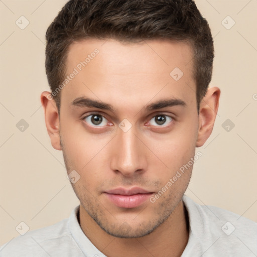 Neutral white young-adult male with short  brown hair and brown eyes