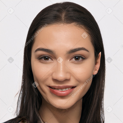 Joyful latino young-adult female with long  brown hair and brown eyes