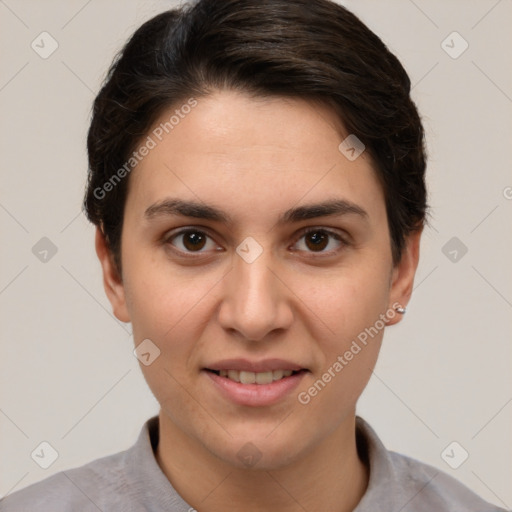 Joyful white young-adult female with short  brown hair and brown eyes