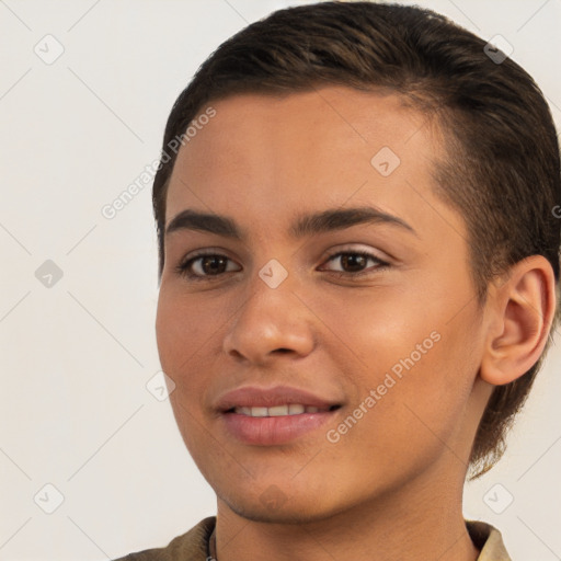 Joyful white young-adult female with short  brown hair and brown eyes