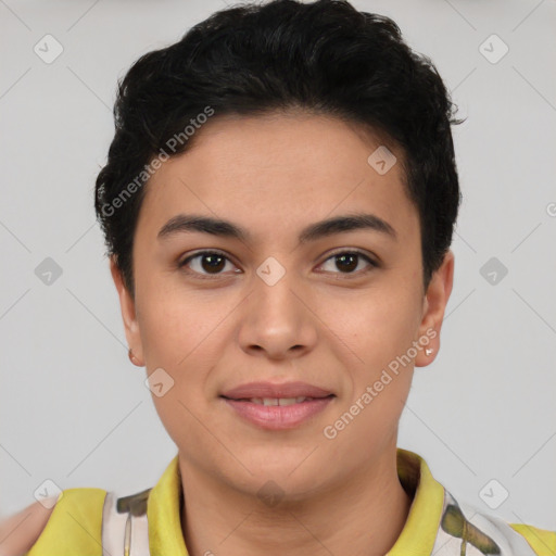 Joyful latino young-adult female with short  brown hair and brown eyes