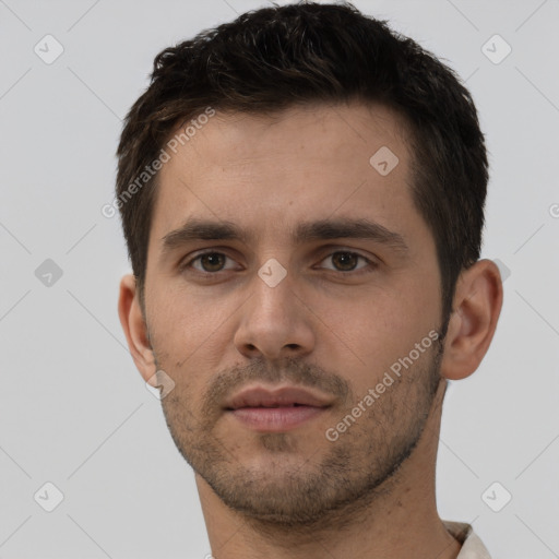 Neutral white young-adult male with short  brown hair and brown eyes