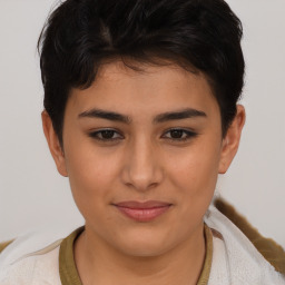 Joyful asian young-adult female with short  brown hair and brown eyes