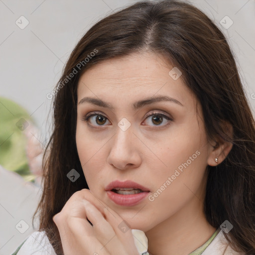 Neutral white young-adult female with medium  brown hair and brown eyes