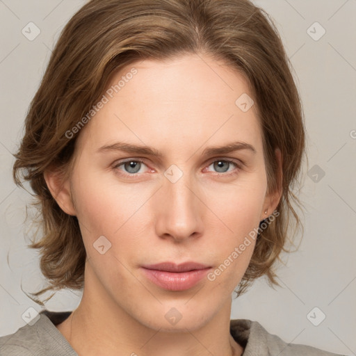 Neutral white young-adult female with medium  brown hair and grey eyes