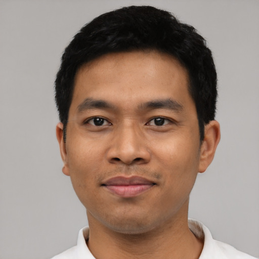 Neutral asian young-adult male with short  black hair and brown eyes