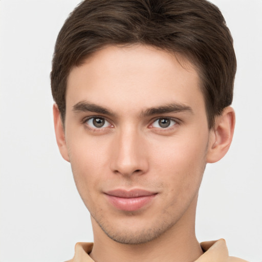 Neutral white young-adult male with short  brown hair and brown eyes