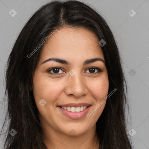 Joyful latino young-adult female with long  brown hair and brown eyes