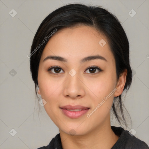 Joyful white young-adult female with medium  black hair and brown eyes