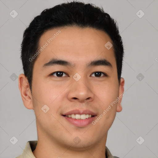 Joyful latino young-adult male with short  brown hair and brown eyes