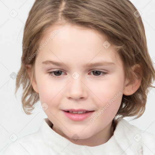 Joyful white child female with medium  brown hair and brown eyes