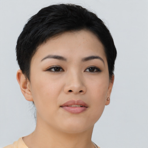 Neutral asian young-adult female with short  black hair and brown eyes