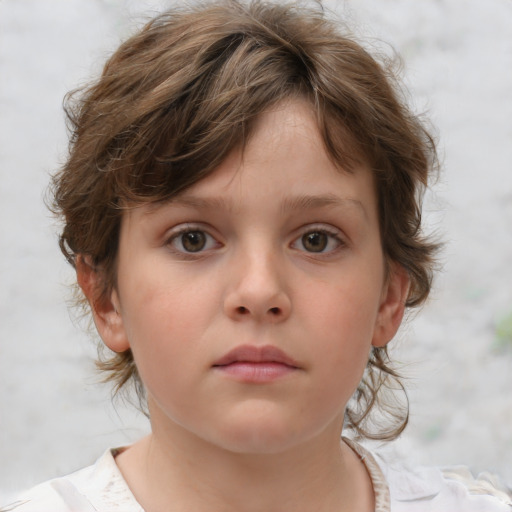 Neutral white child female with medium  brown hair and grey eyes