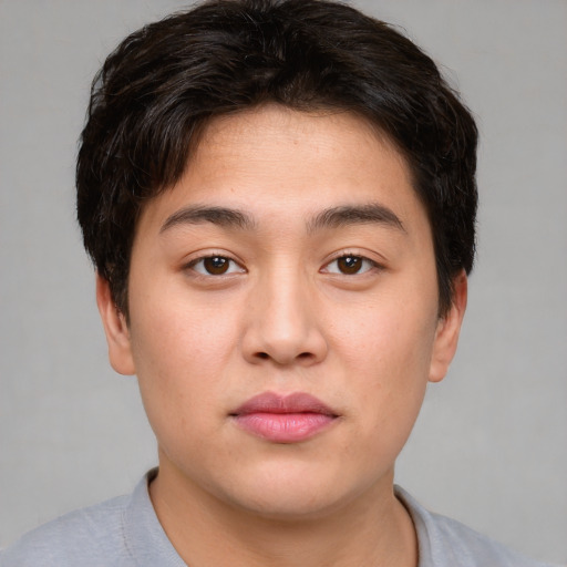 Neutral asian young-adult male with short  brown hair and brown eyes