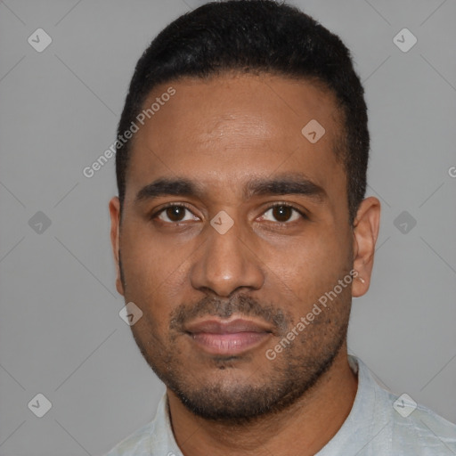 Neutral black young-adult male with short  black hair and brown eyes