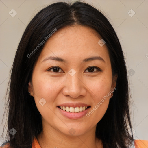 Joyful asian young-adult female with medium  brown hair and brown eyes