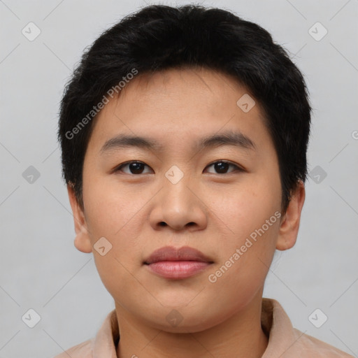 Neutral asian young-adult male with short  brown hair and brown eyes