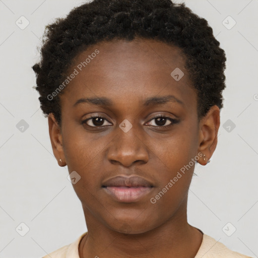 Neutral black young-adult female with short  brown hair and brown eyes