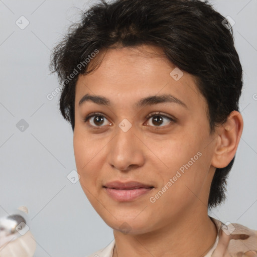 Joyful white young-adult female with medium  brown hair and brown eyes