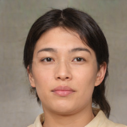 Neutral asian young-adult female with medium  brown hair and brown eyes