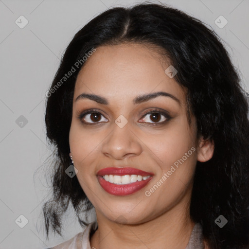 Joyful latino young-adult female with medium  black hair and brown eyes