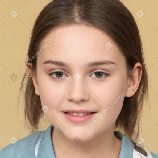 Joyful white child female with medium  brown hair and brown eyes