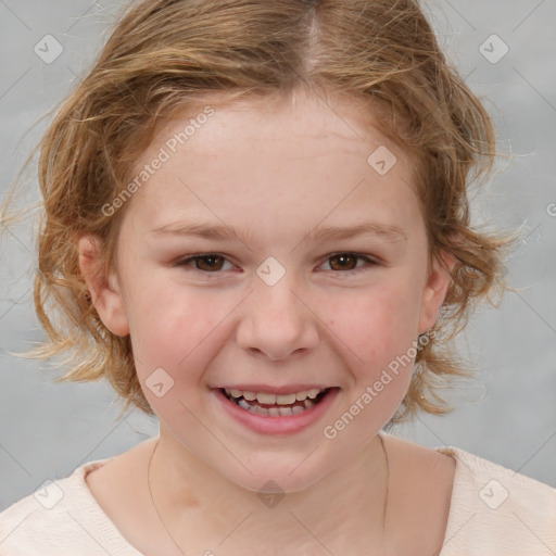 Joyful white child female with medium  brown hair and brown eyes