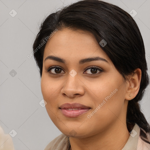 Joyful asian young-adult female with medium  brown hair and brown eyes