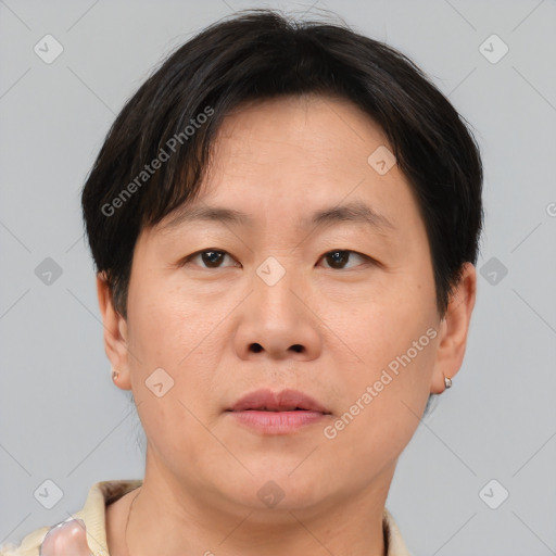 Joyful asian adult male with short  brown hair and brown eyes