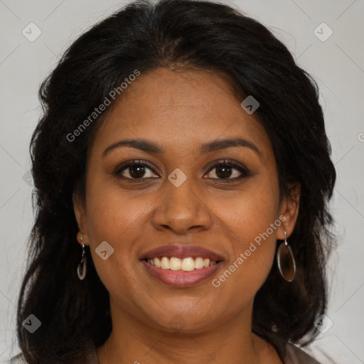 Joyful black young-adult female with medium  brown hair and brown eyes