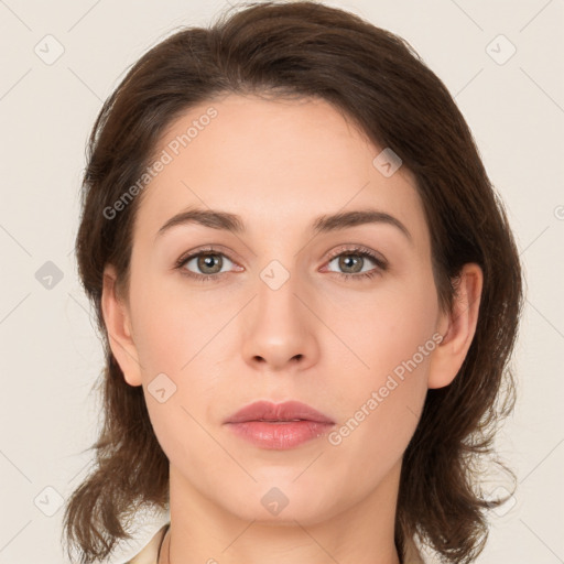 Neutral white young-adult female with medium  brown hair and brown eyes