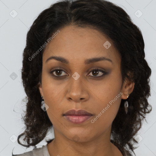 Neutral black young-adult female with medium  brown hair and brown eyes