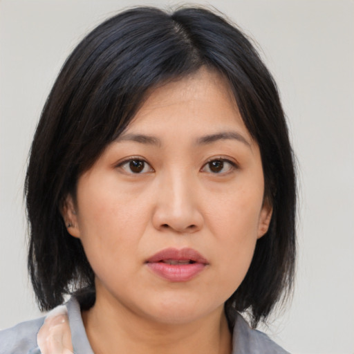 Neutral asian young-adult female with medium  brown hair and brown eyes