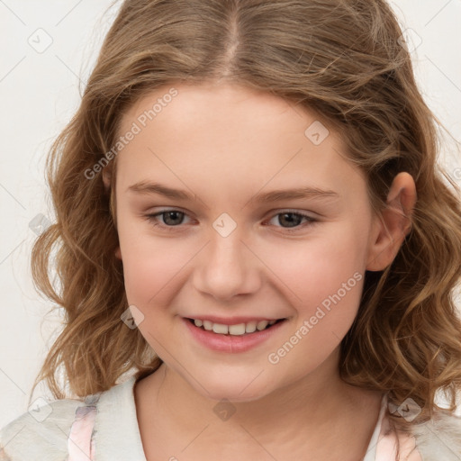 Joyful white child female with medium  brown hair and brown eyes