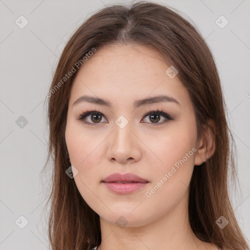 Neutral white young-adult female with long  brown hair and brown eyes