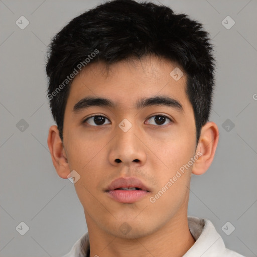 Neutral asian young-adult male with short  brown hair and brown eyes