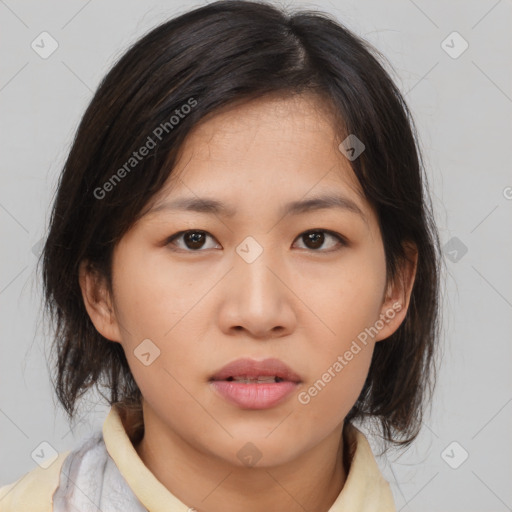 Neutral asian young-adult female with medium  brown hair and brown eyes