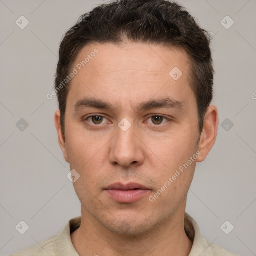 Neutral white young-adult male with short  brown hair and brown eyes