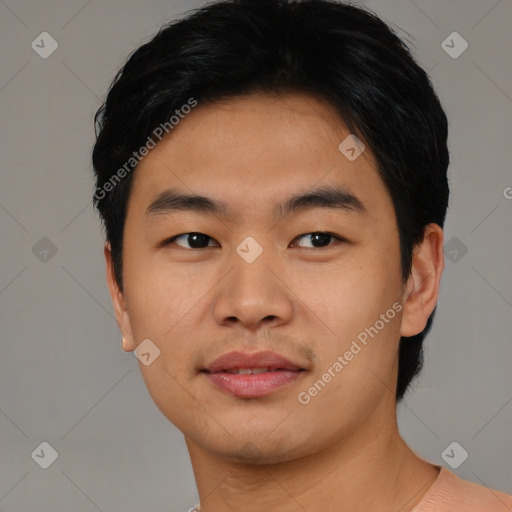 Neutral asian young-adult male with short  black hair and brown eyes