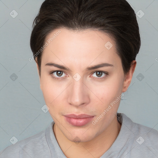 Neutral white young-adult female with short  brown hair and brown eyes