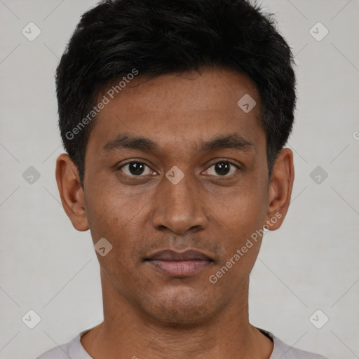 Neutral asian young-adult male with short  black hair and brown eyes