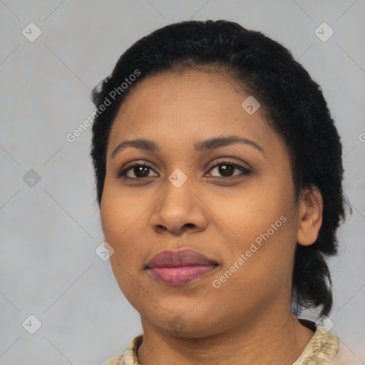 Joyful latino young-adult female with medium  black hair and brown eyes