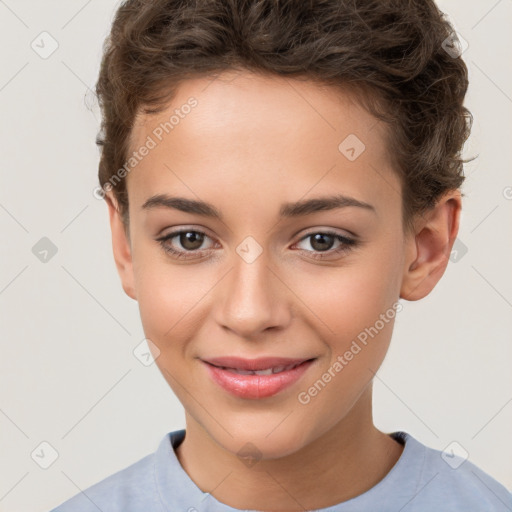 Joyful white child female with short  brown hair and brown eyes