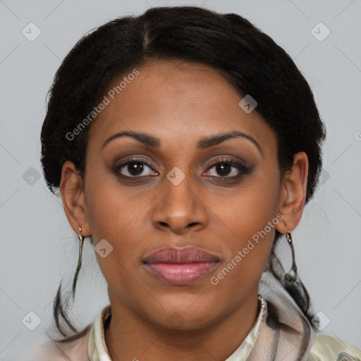 Joyful latino young-adult female with medium  brown hair and brown eyes
