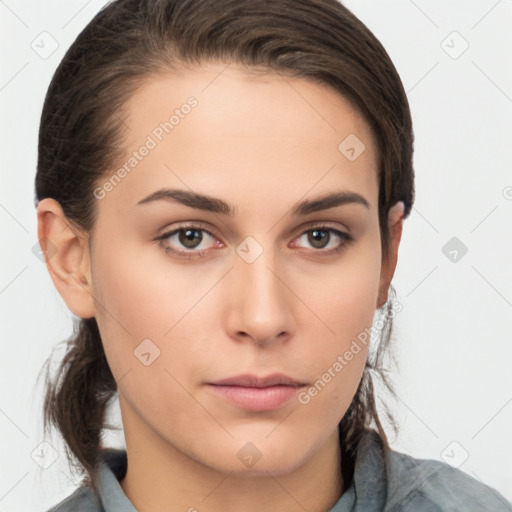 Neutral white young-adult female with medium  brown hair and brown eyes